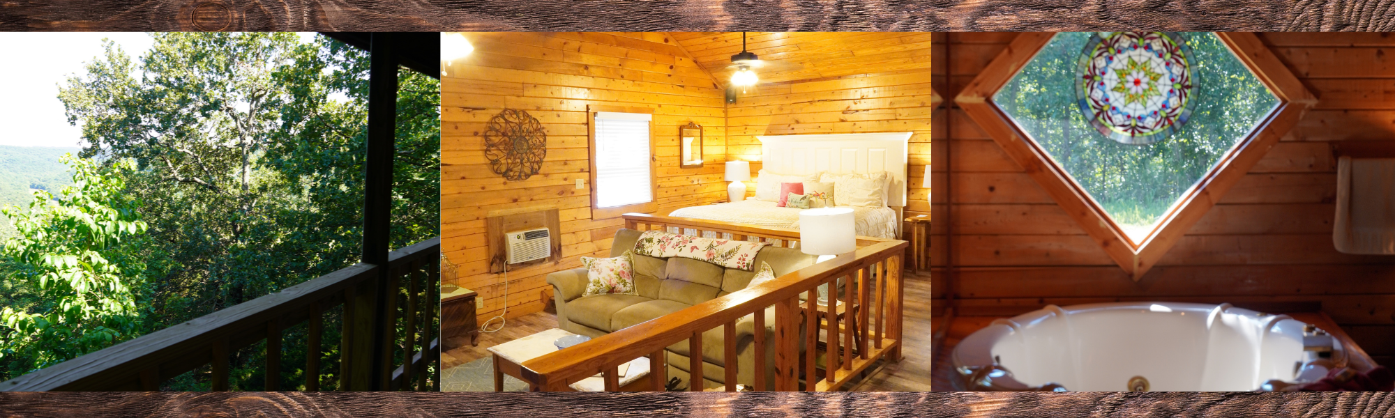 collage featuring back porch, cabin interior and jacuzzi tub 